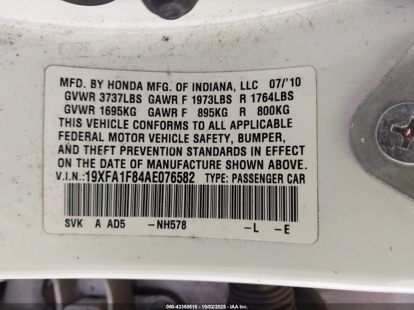 2010 Honda Civic Ex VIN: 19XFA1F84AE076582 Lot: 43368510
