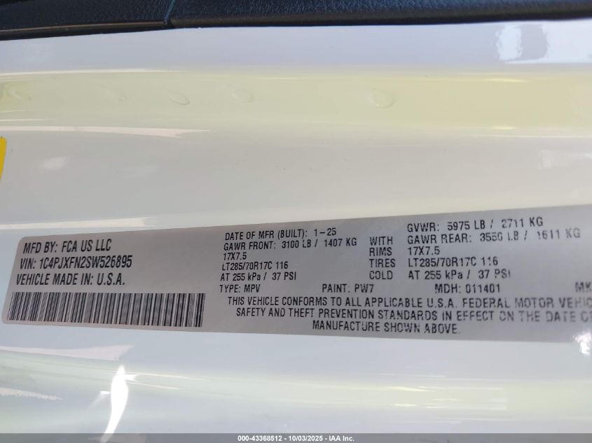 2025 Jeep Wrangler 4-Door Rubicon 4X4 VIN: 1C4PJXFN2SW526895 Lot: 43368512