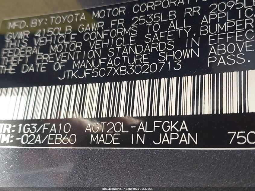 2011 Scion Tc VIN: JTKJF5C7XB3020713 Lot: 43368515