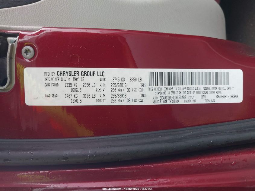 2012 Chrysler Town & Country Touring VIN: 2C4RC1BG4CR353480 Lot: 43368521