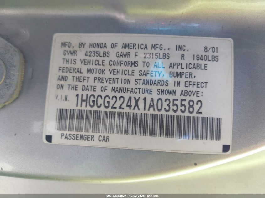 2001 Honda Accord 3.0 Lx VIN: 1HGCG224X1A035582 Lot: 43368527