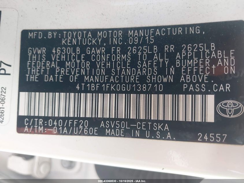 2016 Toyota Camry Se VIN: 4T1BF1FK0GU138710 Lot: 43368530