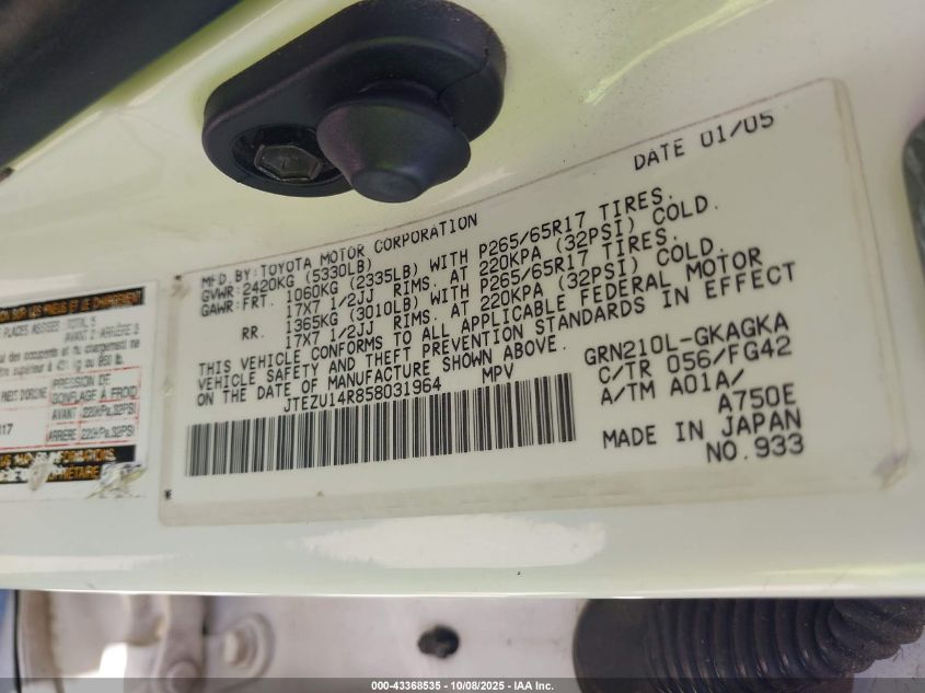 2005 Toyota 4Runner Sr5 V6 VIN: JTEZU14R858031964 Lot: 43368535