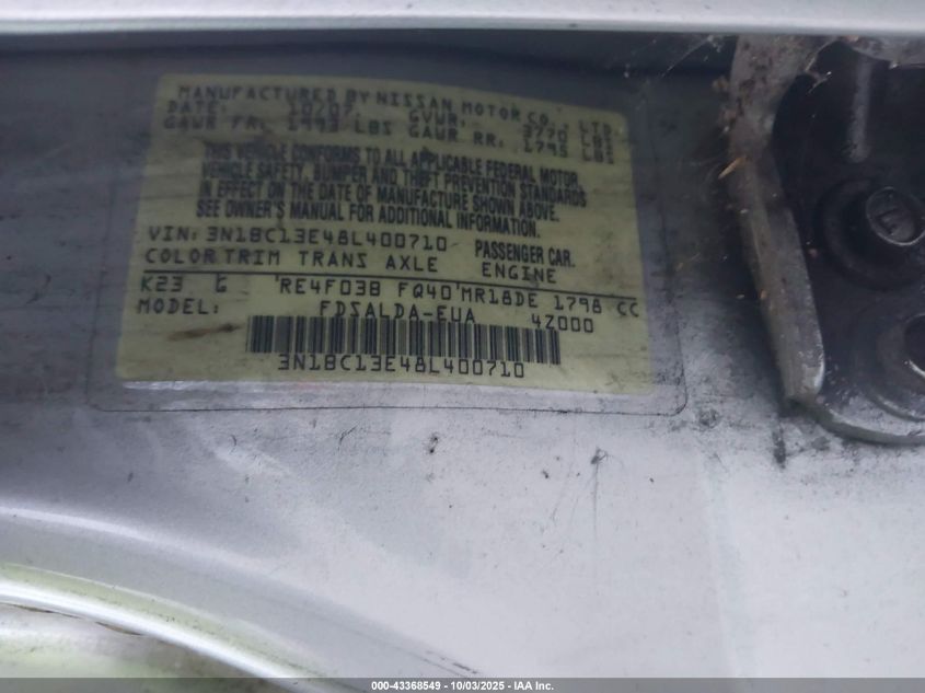 2008 Nissan Versa 1.8S VIN: 3N1BC13E48L400710 Lot: 43368549