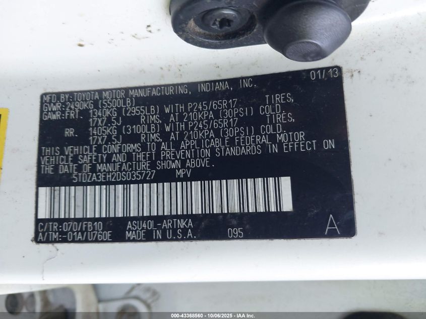 2013 Toyota Highlander VIN: 5TDZA3EH2DS035727 Lot: 43368560