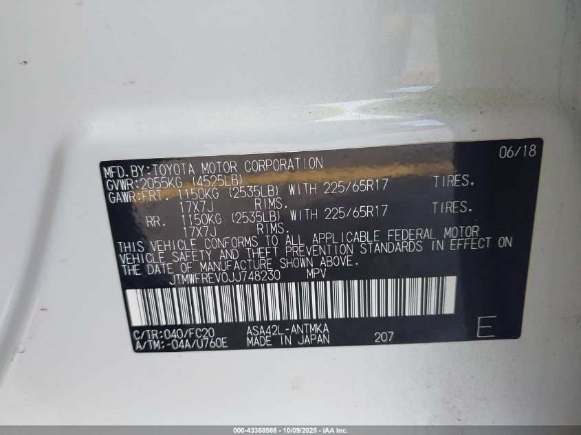 2018 Toyota Rav4 Xle VIN: JTMWFREV0JJ748230 Lot: 43368566