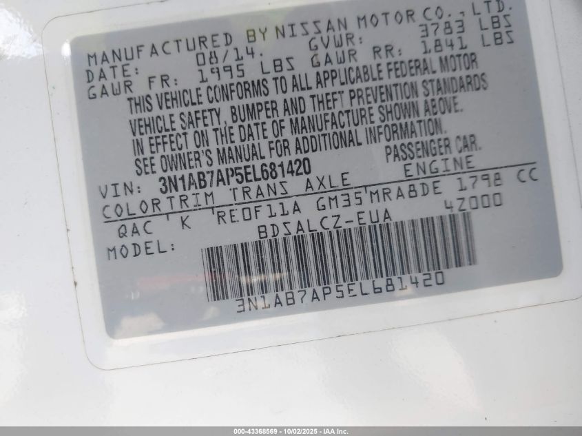 2014 Nissan Sentra S VIN: 3N1AB7AP5EL681420 Lot: 43368569