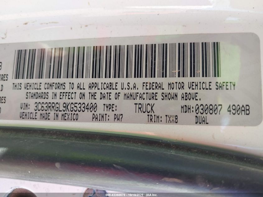 2019 Ram 3500 Tradesman 4X4 8' Box VIN: 3C63RRGL9KG533400 Lot: 43368578