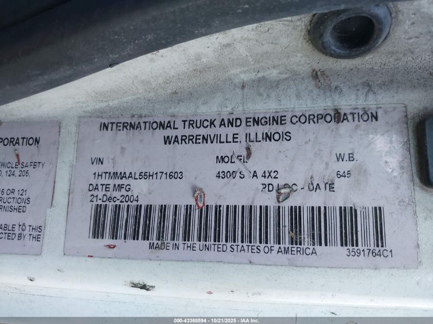 2005 International 4000 4300 VIN: 1HTMMAAL55H171603 Lot: 43368594