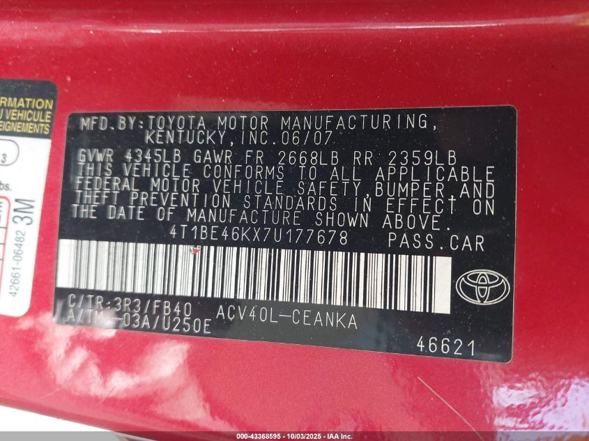 2007 Toyota Camry Le VIN: 4T1BE46KX7U177678 Lot: 43368595