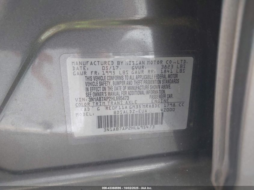 2017 Nissan Sentra Sv VIN: 3N1AB7AP2HL695473 Lot: 43368596