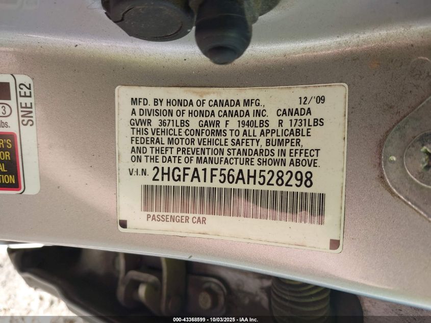 2010 Honda Civic Lx VIN: 2HGFA1F56AH528298 Lot: 43368599