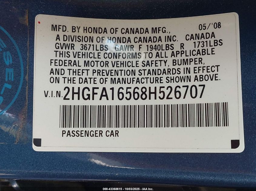 2008 Honda Civic Lx VIN: 2HGFA16568H526707 Lot: 43368615