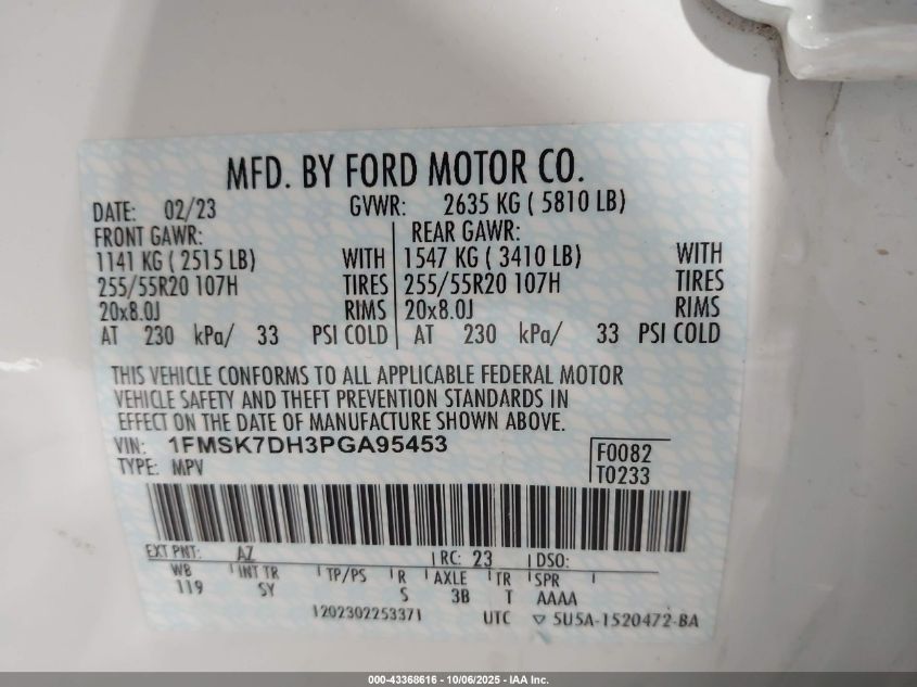 2023 Ford Explorer Xlt VIN: 1FMSK7DH3PGA95453 Lot: 43368616