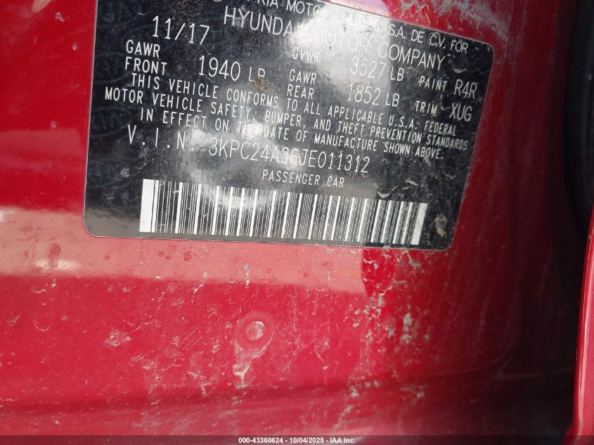 2018 Hyundai Accent Sel VIN: 3KPC24A36JE011312 Lot: 43368624