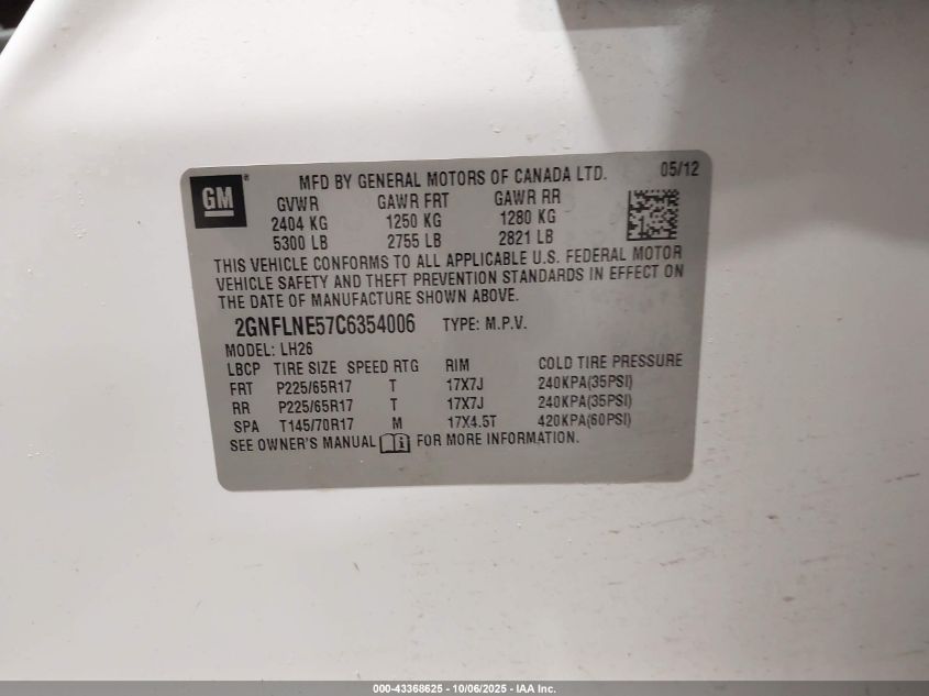 2012 Chevrolet Equinox 2Lt VIN: 2GNFLNE57C6354006 Lot: 43368625