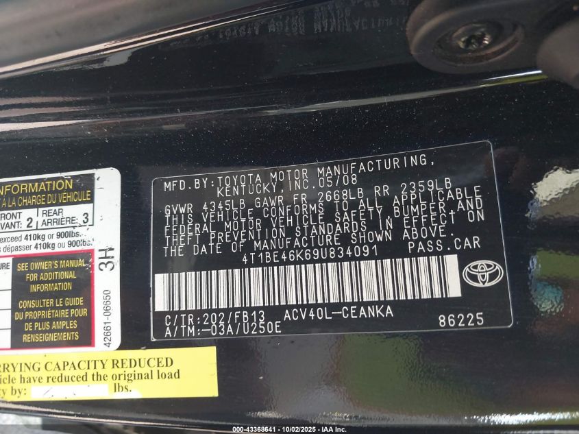 2009 Toyota Camry Le VIN: 4T1BE46K69U834091 Lot: 43368641