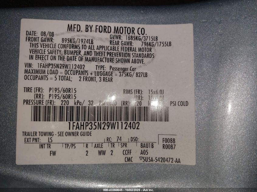 2009 Ford Focus Se VIN: 1FAHP35N29W112402 Lot: 43368645