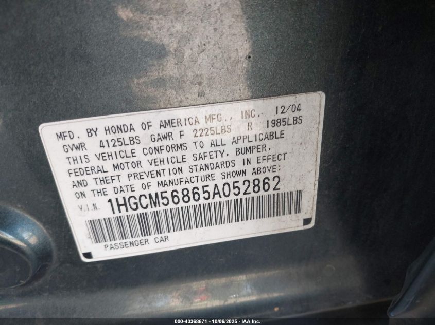 2005 Honda Accord Ex VIN: 1HGCM56865AD52862 Lot: 43368671