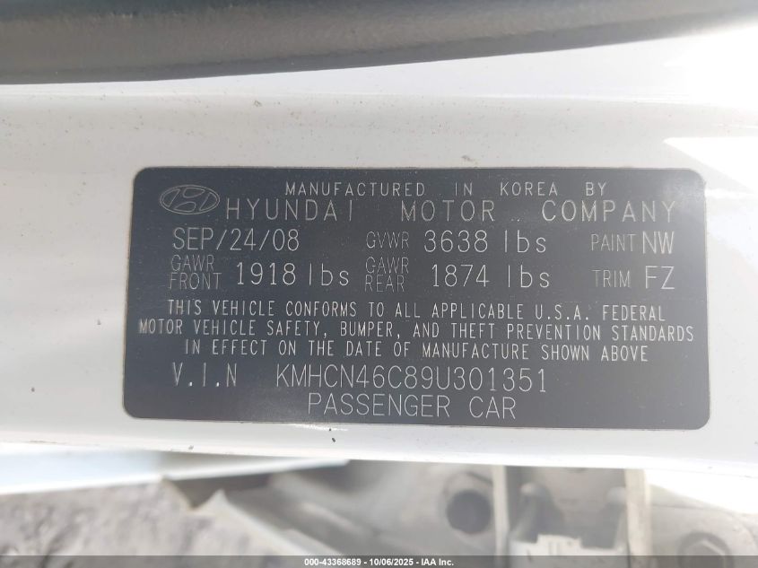 2009 Hyundai Accent Gls VIN: KMHCN46C89U301351 Lot: 43368689