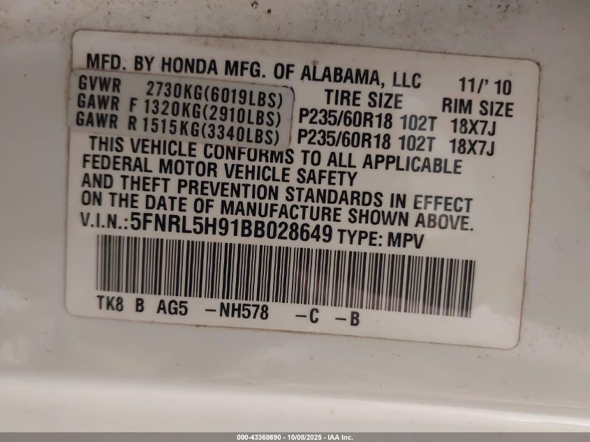 2011 Honda Odyssey Touring/Touring Elite VIN: 5FNRL5H91BB028649 Lot: 43368690