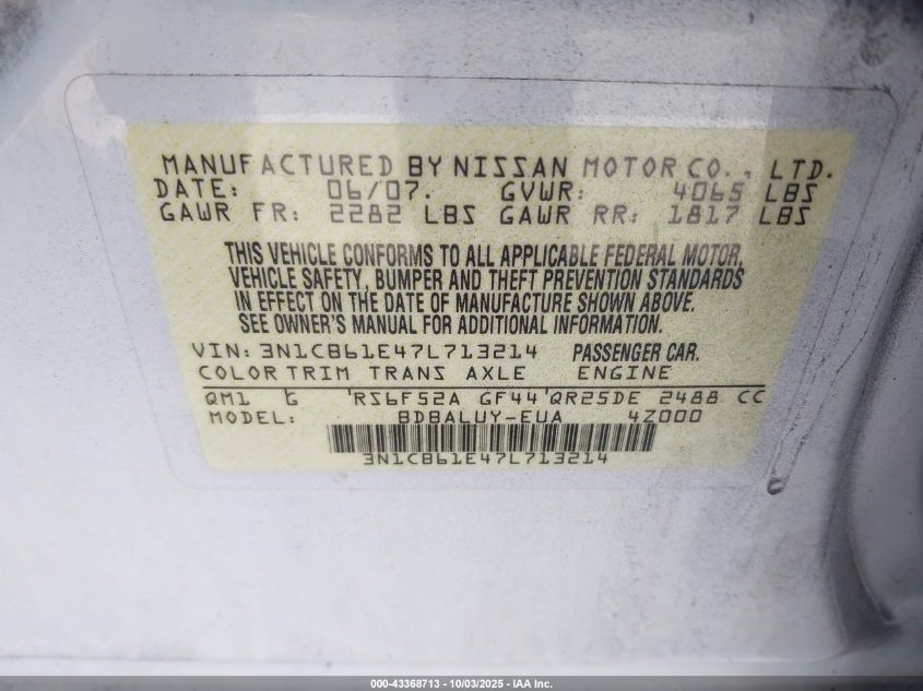 2007 Nissan Sentra Se-R Spec V VIN: 3N1CB61E47L713214 Lot: 43368713