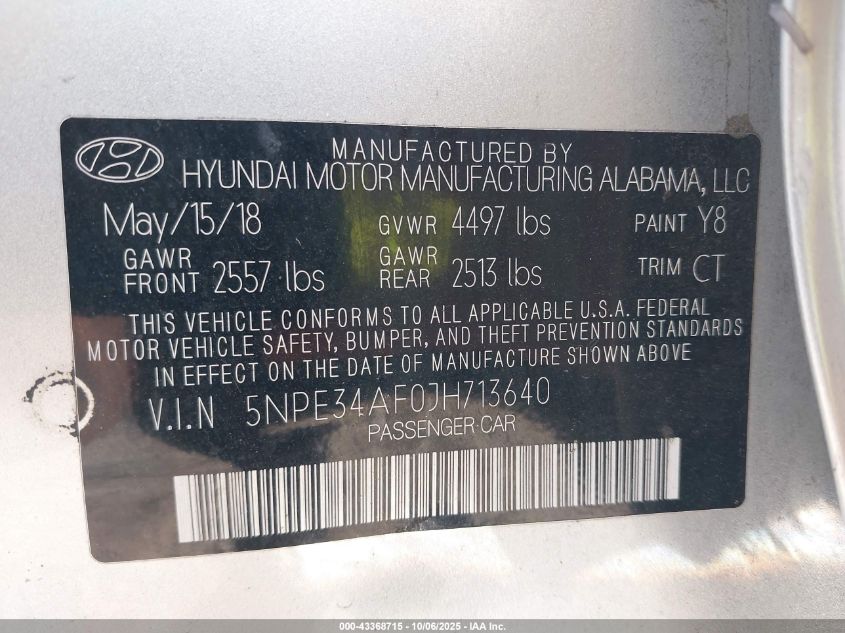 2018 Hyundai Sonata Sport+ VIN: 5NPE34AF0JH713640 Lot: 43368715