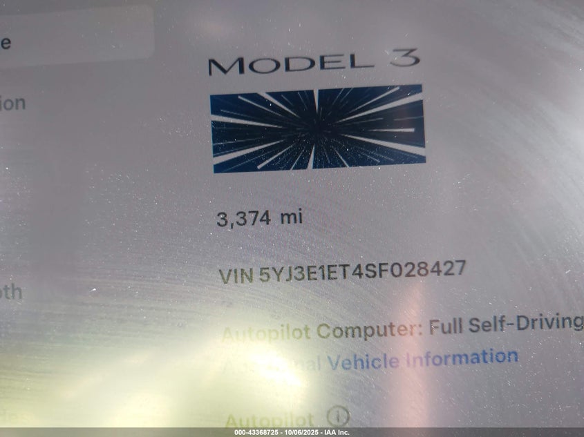 2025 Tesla Model 3 Performance VIN: 5YJ3E1ET4SF028427 Lot: 43368725