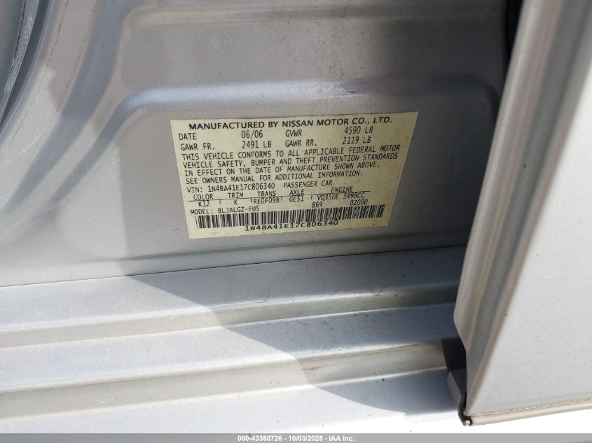 2007 Nissan Maxima 3.5 Sl VIN: 1N4BA41E17C806340 Lot: 43368726