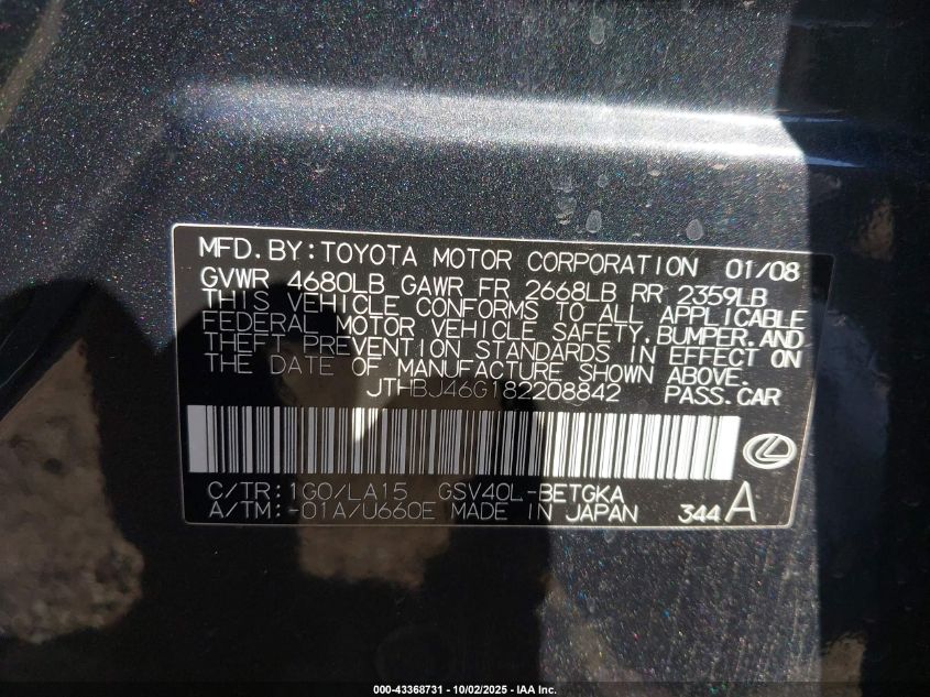 2008 Lexus Es 350 VIN: JTHBJ46G182208842 Lot: 43368731