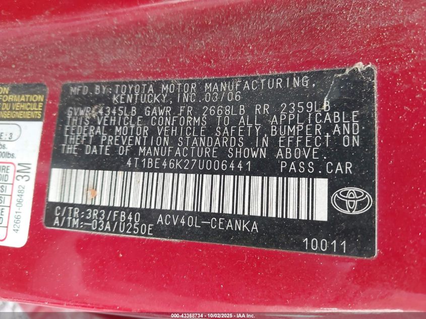 2007 Toyota Camry Le VIN: 4T1BE46K27U006441 Lot: 43368734