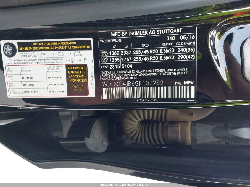 2016 Mercedes-Benz Glc 300 VIN: WDC0G4JB6GF107252 Lot: 43368745