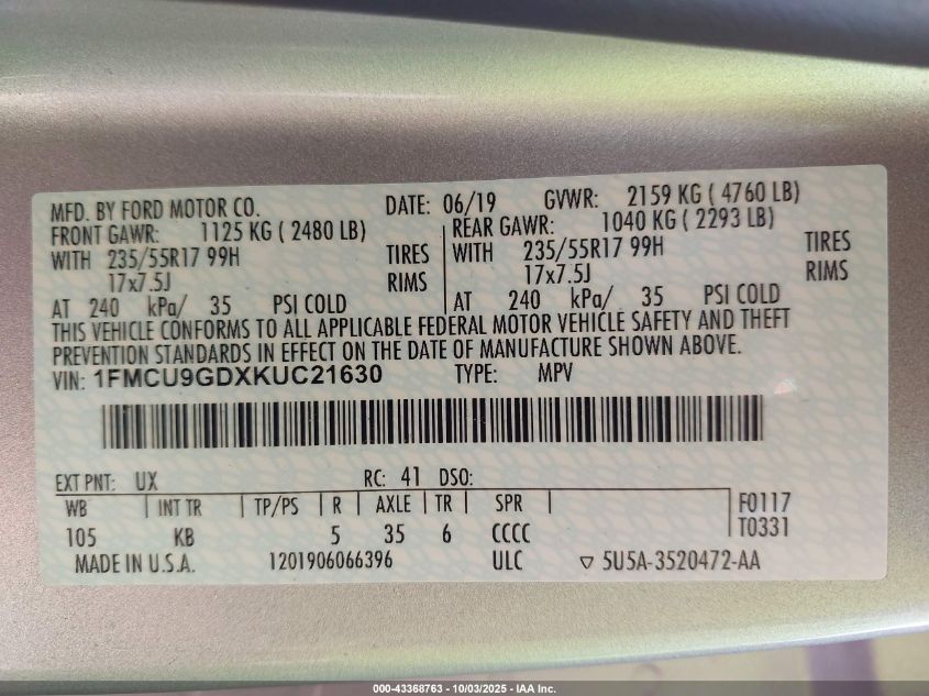 2019 Ford Escape Se VIN: 1FMCU9GDXKUC21630 Lot: 43368763