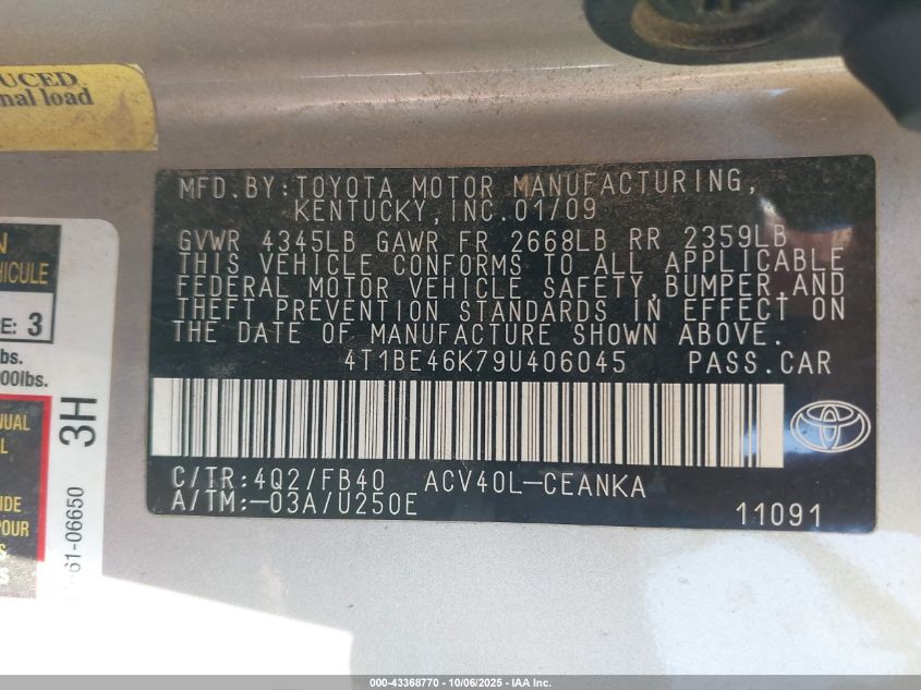 2009 Toyota Camry Le VIN: 4T1BE46K79U406045 Lot: 43368770
