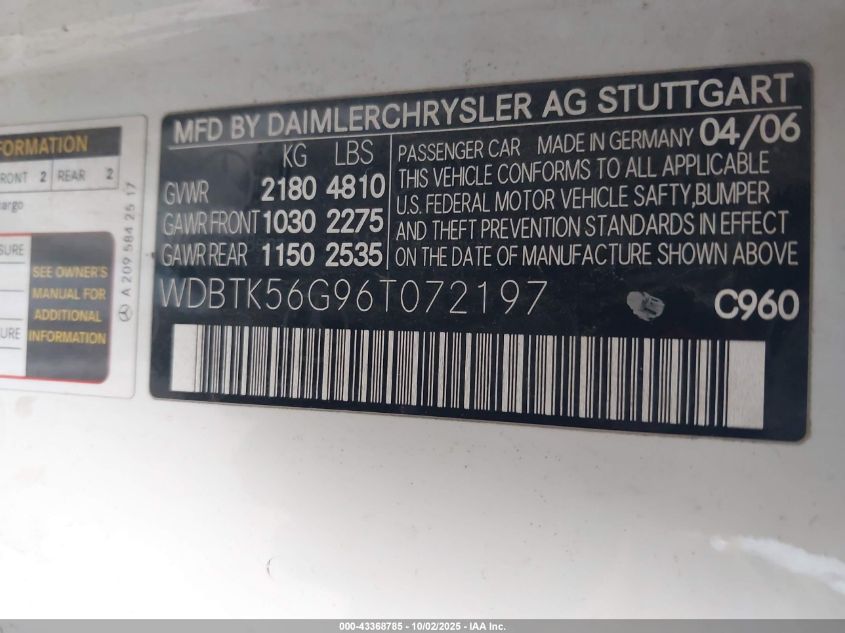 2006 Mercedes-Benz Clk 350 VIN: WDBTK56G96T072197 Lot: 43368785