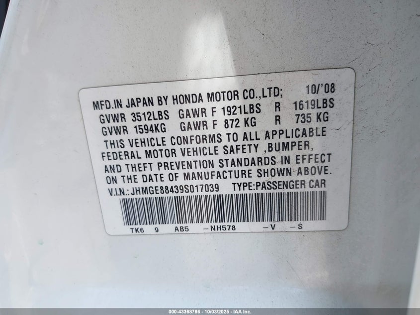 2009 Honda Fit Sport VIN: JHMGE88439S017039 Lot: 43368786