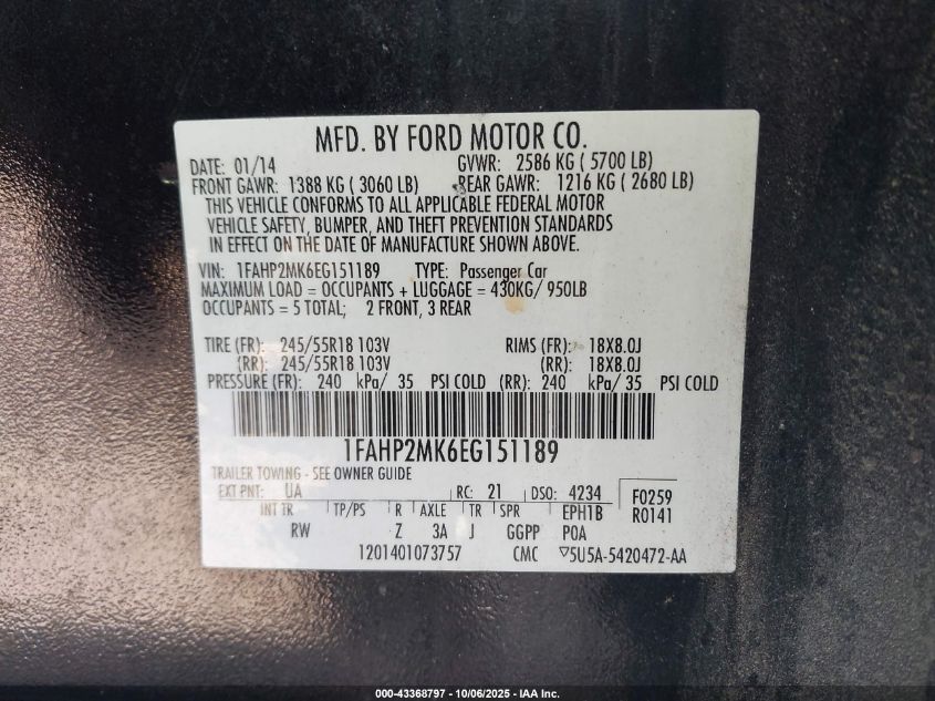 2014 Ford Police Interceptor VIN: 1FAHP2MK6EG151189 Lot: 43368797