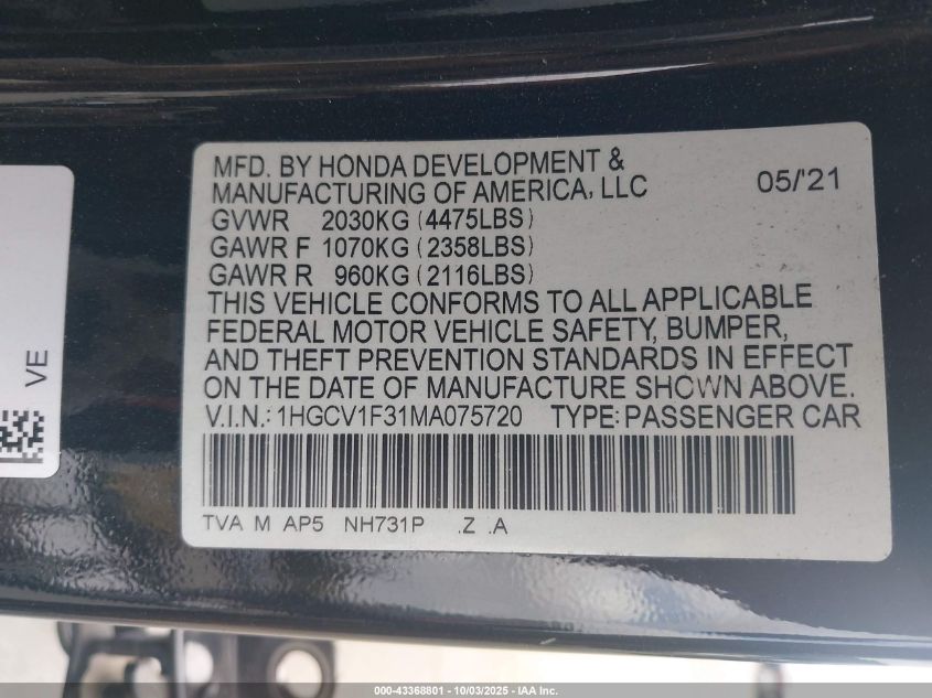 2021 Honda Accord Sport VIN: 1HGCV1F31MA075720 Lot: 43368801