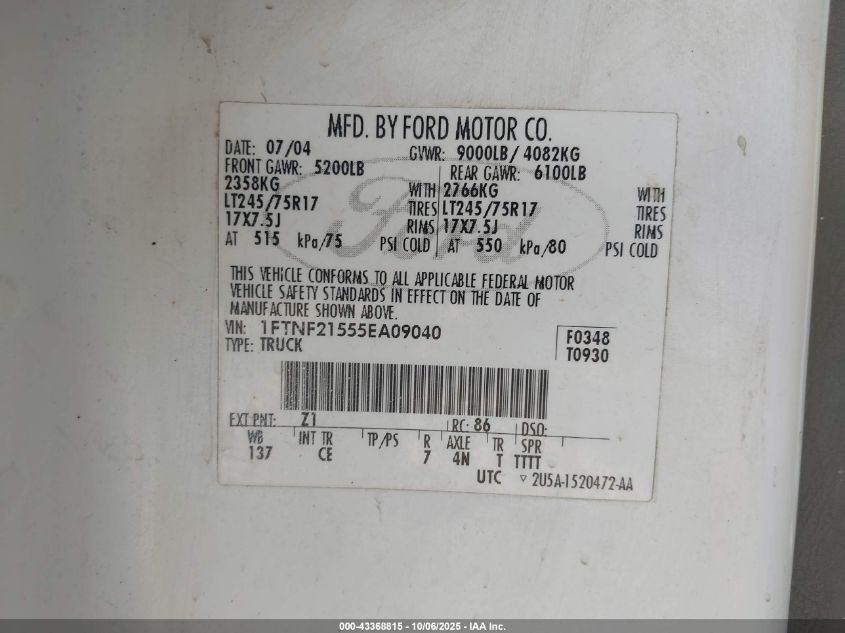 2005 Ford F-250 Xl/Xlt VIN: 1FTNF21555EA09040 Lot: 43368815