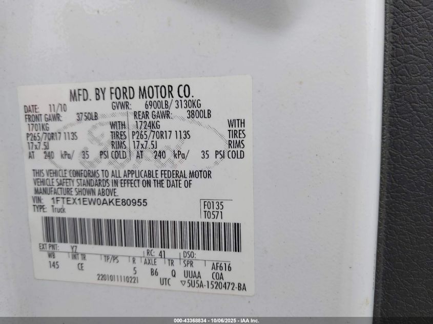 2010 Ford F-150 Stx/Xl VIN: 1FTEX1EW0AKE80955 Lot: 43368834