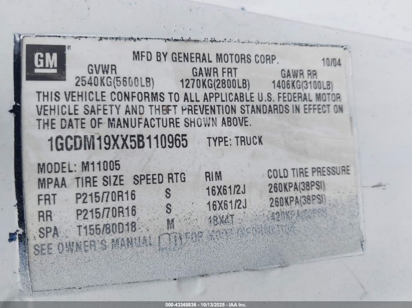 2005 Chevrolet Astro VIN: 1GCDM19XX5B110965 Lot: 43368836