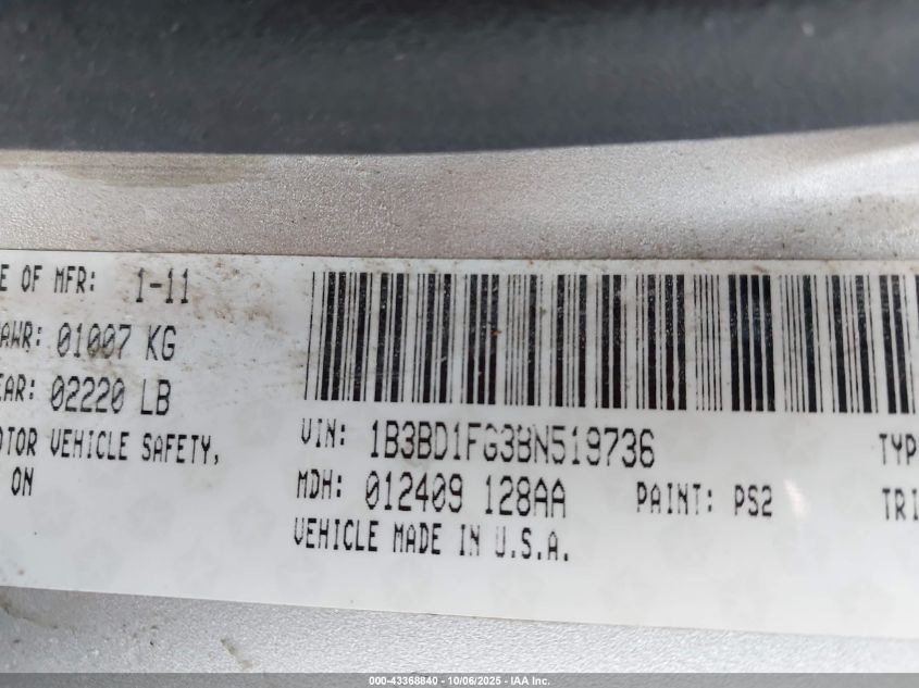 2011 Dodge Avenger Mainstreet VIN: 1B3BD1FG3BN519736 Lot: 43368840