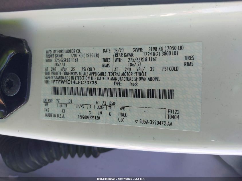 2020 Ford F-150 King Ranch VIN: 1FTFW1E14LFC73735 Lot: 43368849