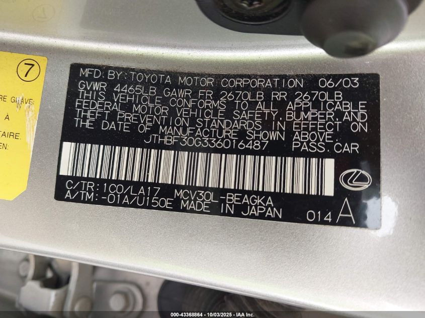 2003 Lexus Es 300 VIN: JTHBF30G336016487 Lot: 43368864