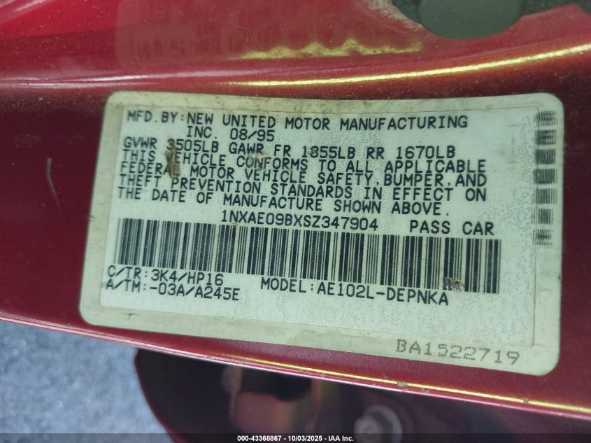 1995 Toyota Corolla Le/Dx VIN: 1NXAE09BXSZ347904 Lot: 43368867