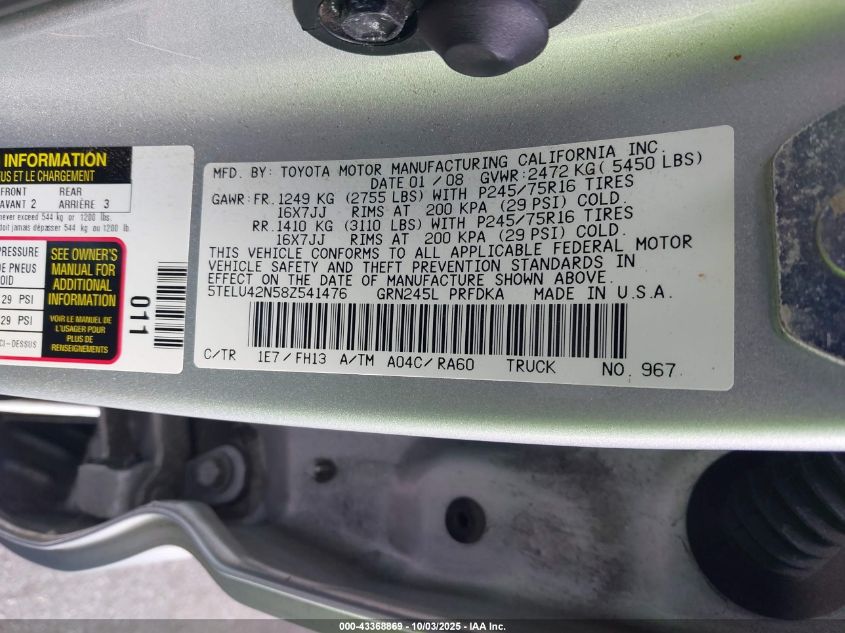 2008 Toyota Tacoma Base V6 VIN: 5TELU42N58Z541476 Lot: 43368869