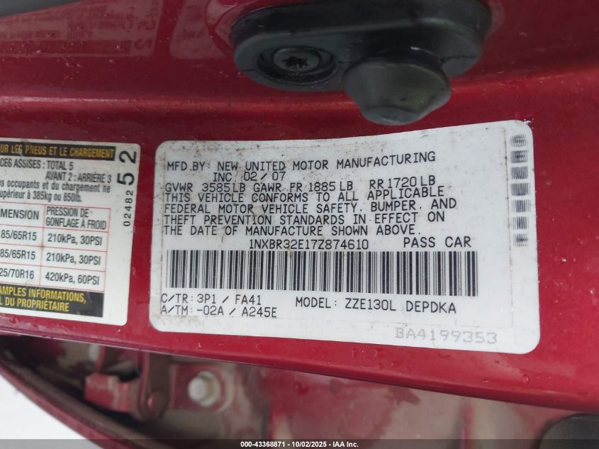 2007 Toyota Corolla Ce VIN: 1NXBR32E17Z874610 Lot: 43368871