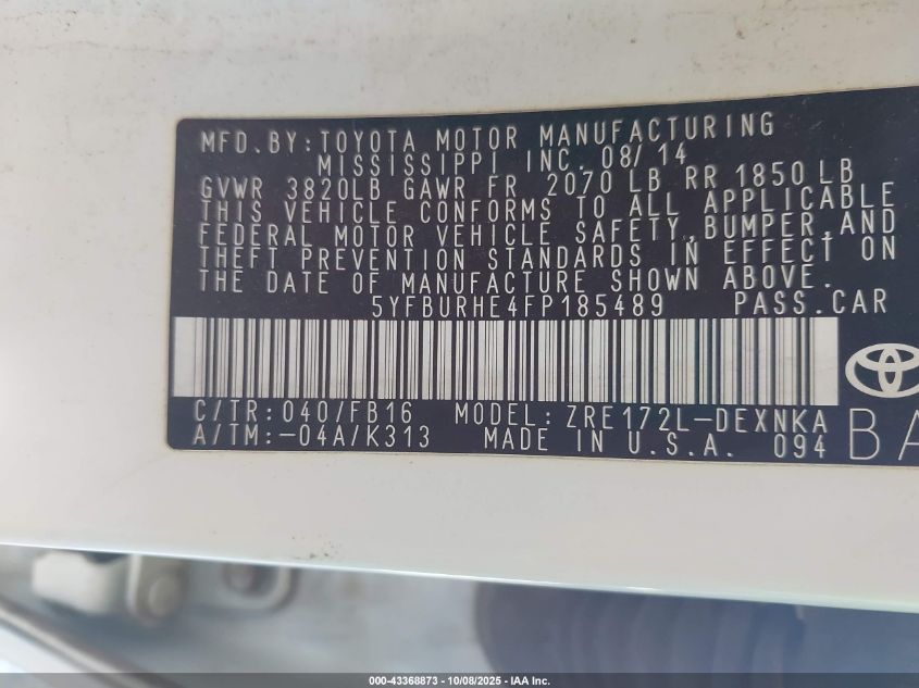 2015 Toyota Corolla Le Plus VIN: 5YFBURHE4FP185489 Lot: 43368873