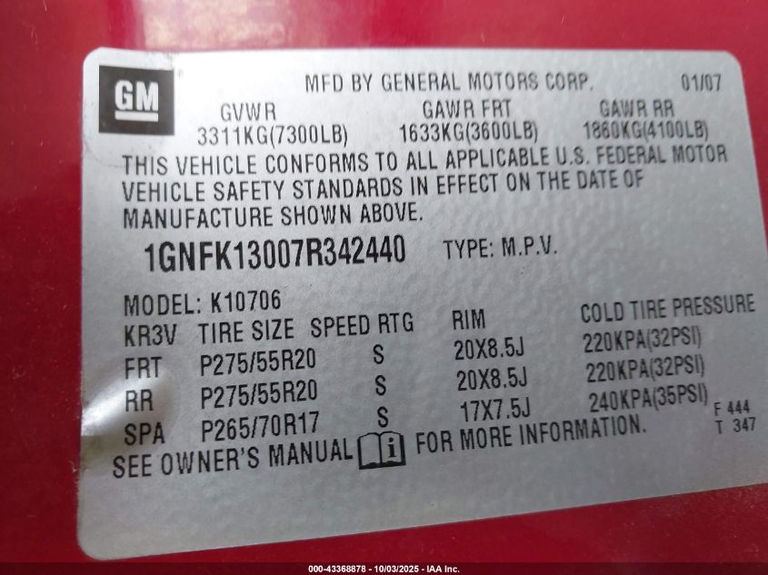 2007 Chevrolet Tahoe Ltz VIN: 1GNFK13007R342440 Lot: 43368878