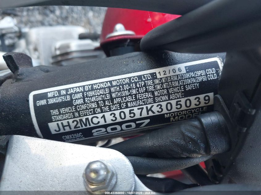 2007 Honda Cmx250 C VIN: JH2MC13057K305039 Lot: 43368880